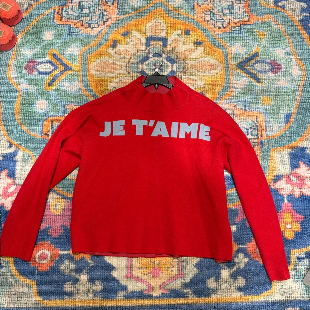 Maeve Red Cowl Neck Sweater with 'Je T'aime' Motif